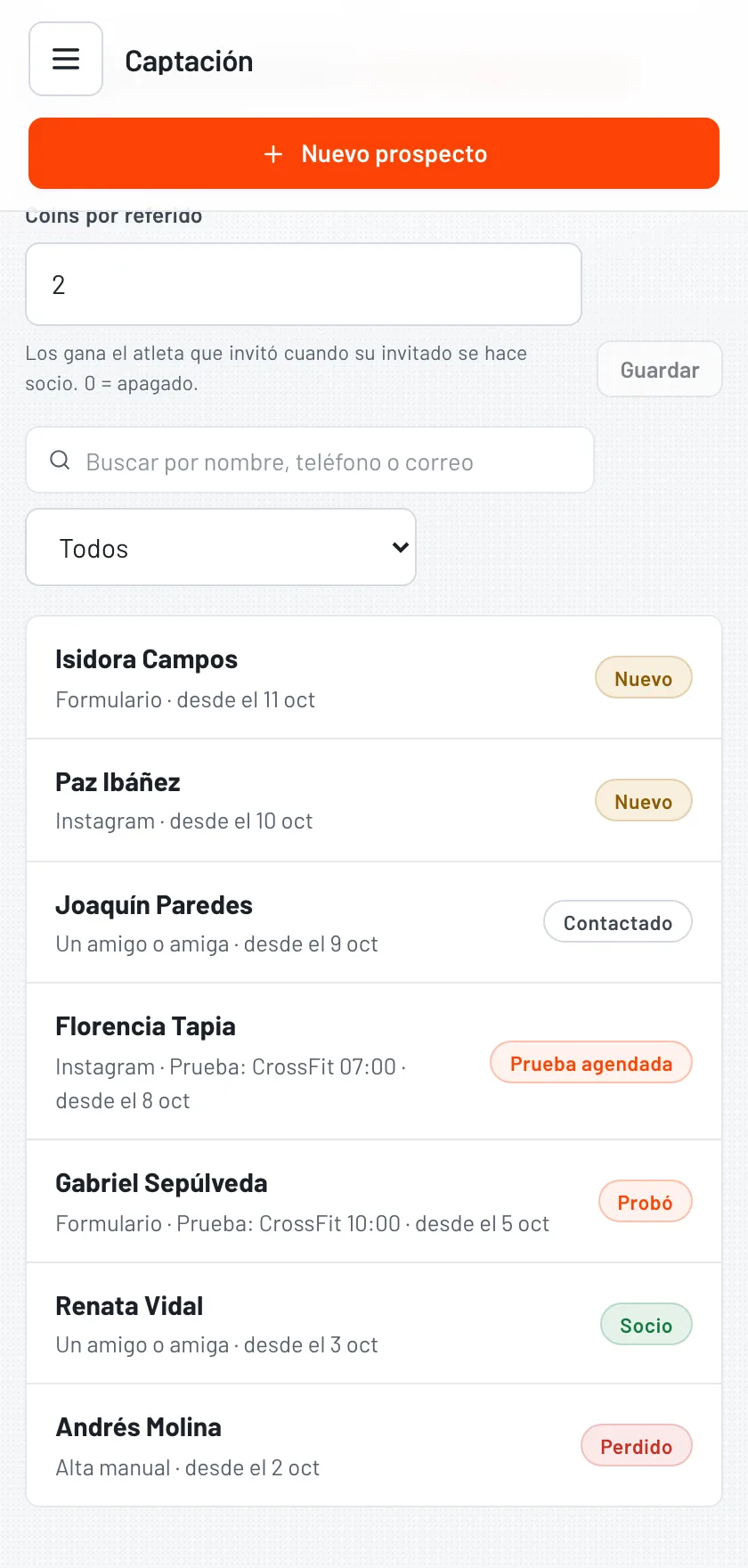 Captación en la app de MyBox: los prospectos del mes con su origen y su estado, de nuevo a socio.