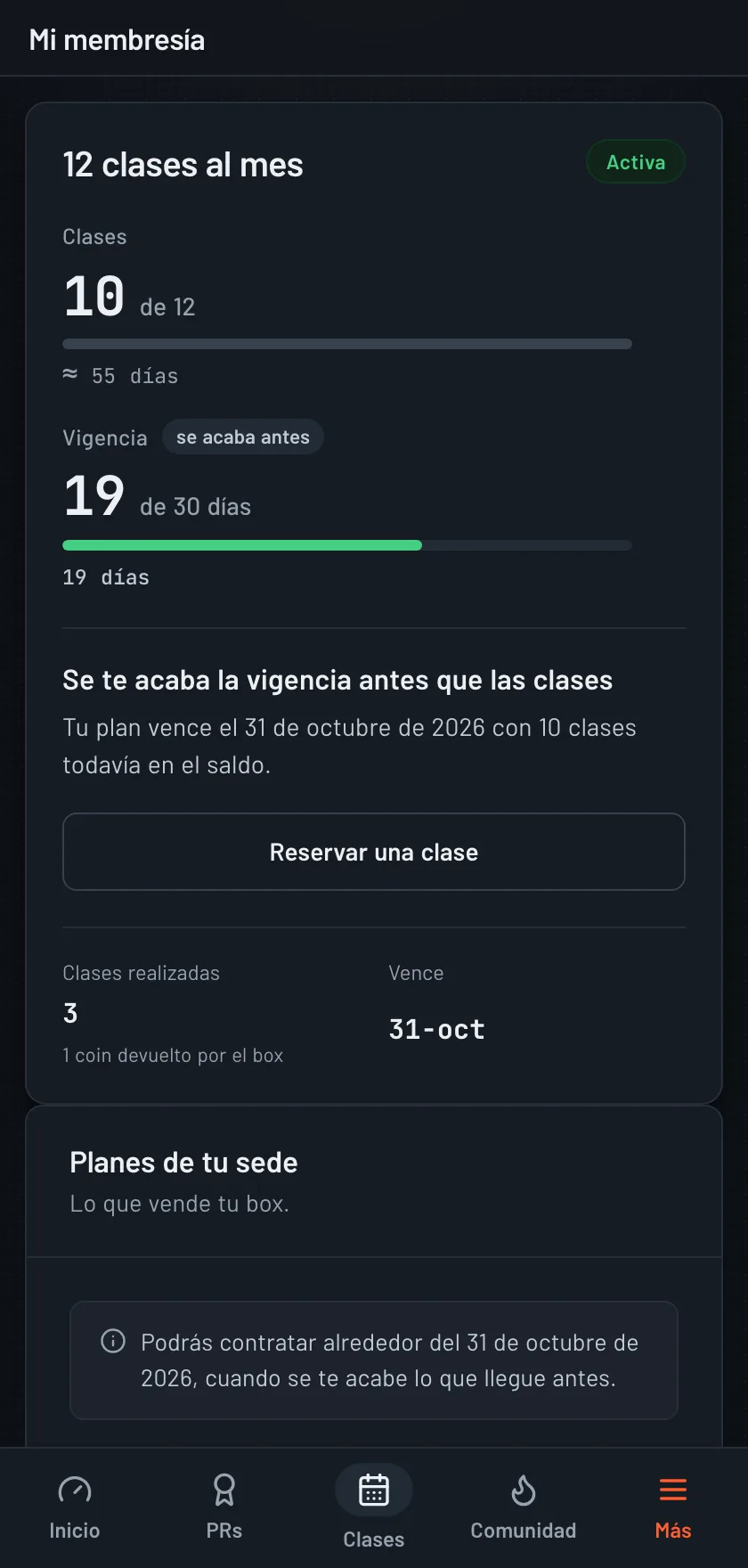 Pantalla Mi membresía de la app MyBox: 10 de 12 clases, 19 de 30 días de vigencia y el aviso de cuál vence primero.