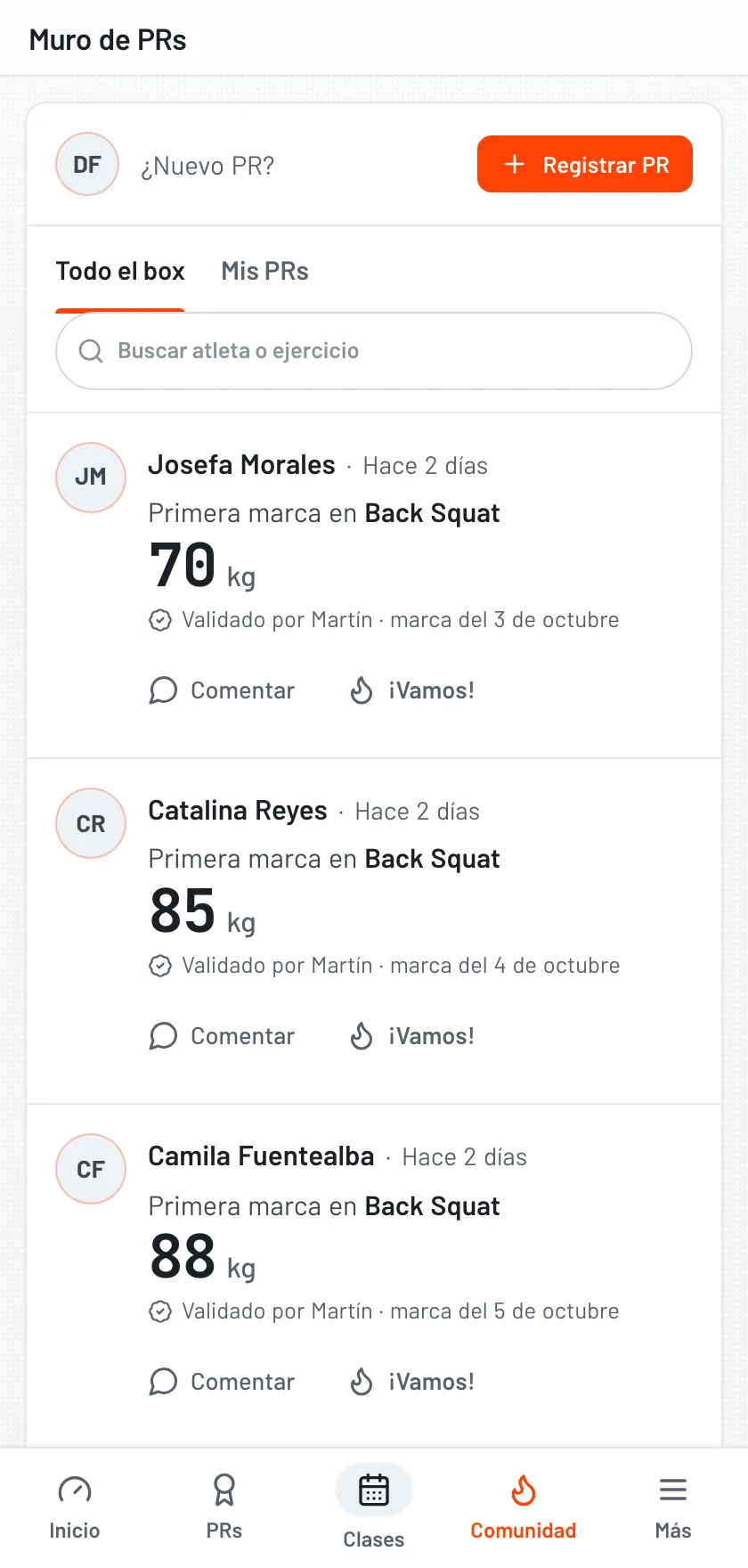 Muro de PRs de MyBox: la primera marca de una atleta en Back Squat, validada por su coach.