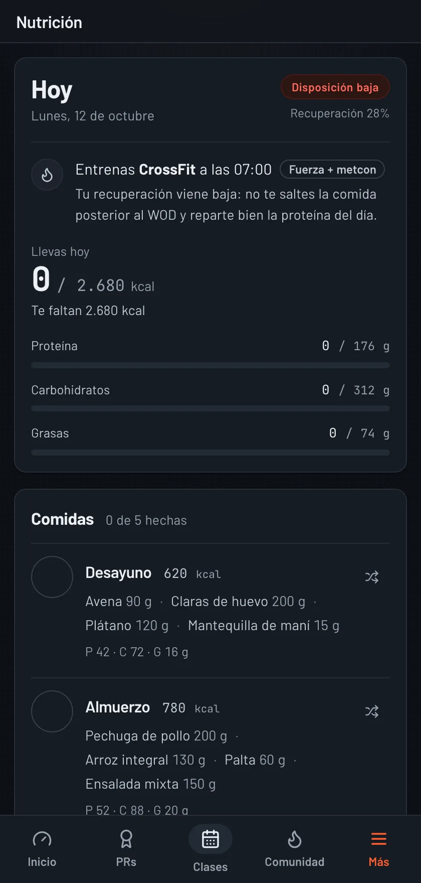 Pantalla Nutrición de la app MyBox: calorías, proteína, carbohidratos y grasas del día según el entrenamiento.