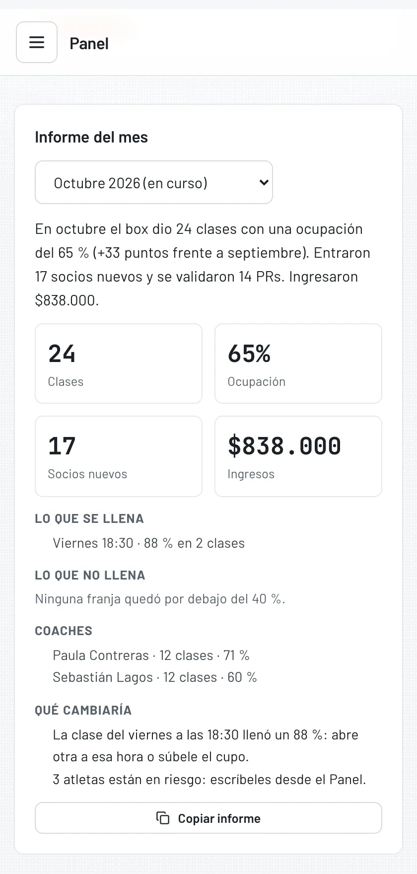 Informe del mes en la app de MyBox: el resumen del mes, clases, ocupación, socios nuevos e ingresos, las franjas que se llenan, los coaches y qué cambiaría.